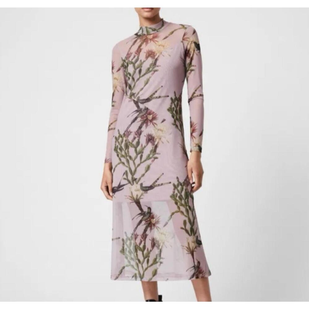 ALLSAINTS Hanna lavender floral print mesh long sleeve midi dress sz 8